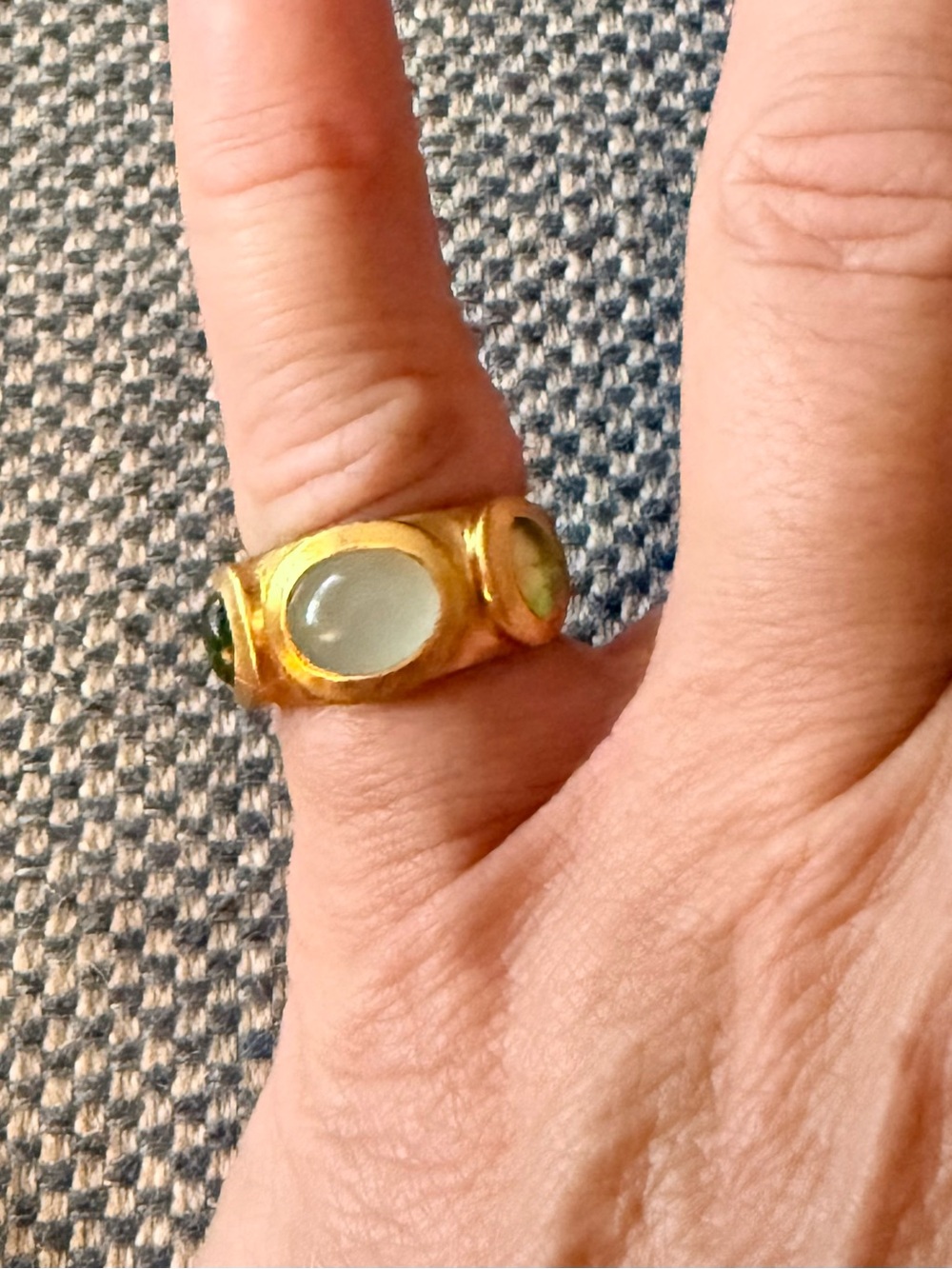 Julie Vos Gold plated Ring with Pale Green Peridot and Moonstone Cabochon Stones